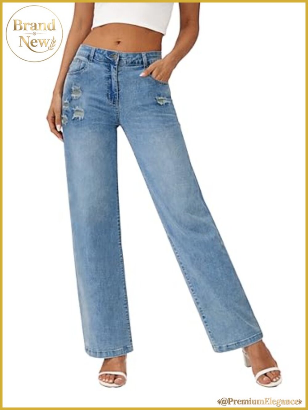 Women's Ripped Straight Leg Stretchy Denim Jeans High Waist Baggy Casual